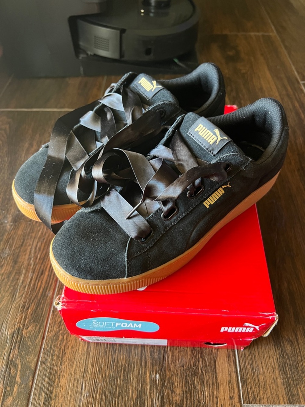 Puma Women’s Black Suede Sneakers with Gum Sole